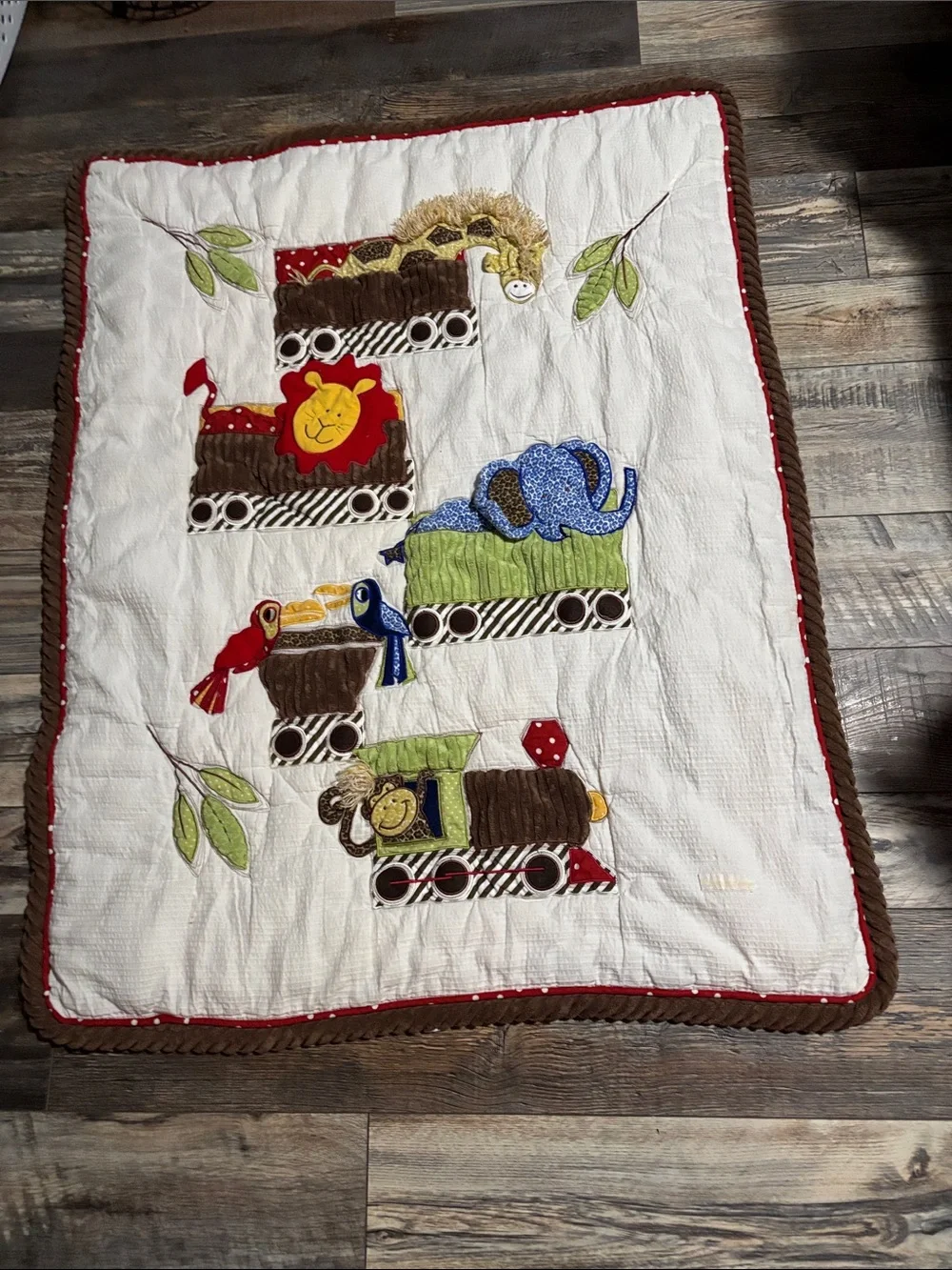 Neutral Cotton Baby Quilt in White and Brown with Red Accent #007